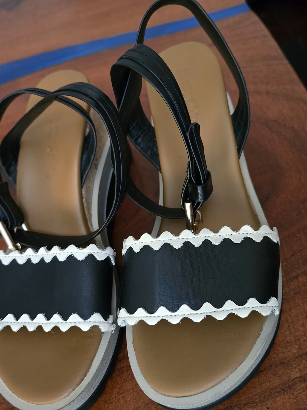 See By Chloe Black and Cream Scallop Ankle-Strap Wedge Sandal